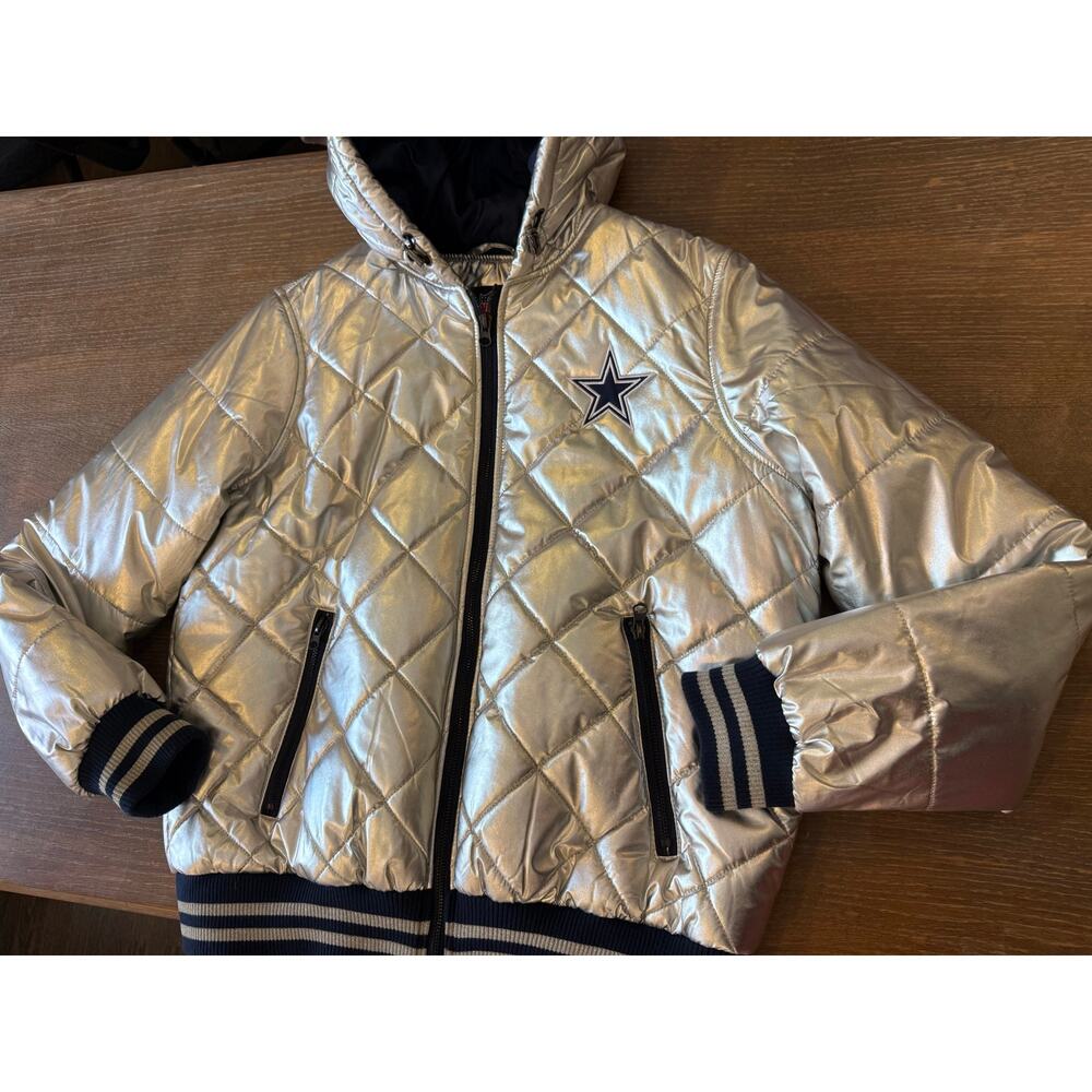 NFL Dallas Cowboys Puffer Hooded Jacket Coat Silver Metallic Women L Gameday